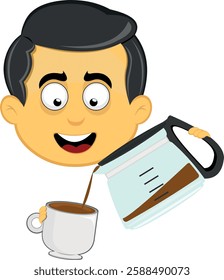 vector illustration yellow emoji character male, with a coffeemaker or coffee jug pouring into a cup