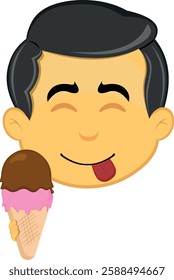 vector illustration yellow emoji character male, with an ice cream wafer cone in his hand and an yummy expression