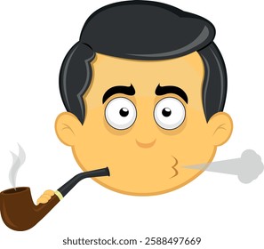 vector illustration yellow emoji character male, smoking and exhaling pipe tobacco smoke