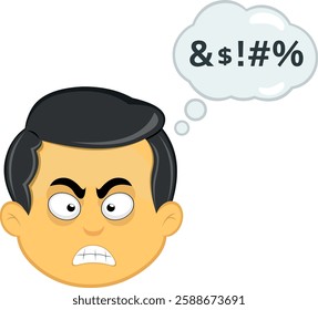 vector illustration yellow emoji character male, angry expression with a cloud thought and an insult text