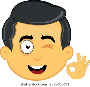 vector illustration yellow emoji character male, winking eye and with his hand making an ok or perfect gesture