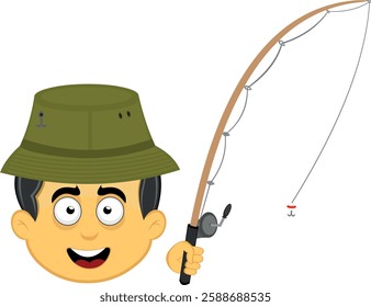 vector illustration yellow emoji character male, with a fisher hat and a fishing rod