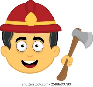 vector illustration yellow emoji character male, with a fireman helmet and axe in hand 