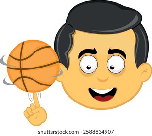 vector illustration yellow emoji character male, with a basketball sport spinning on the finger of the hand