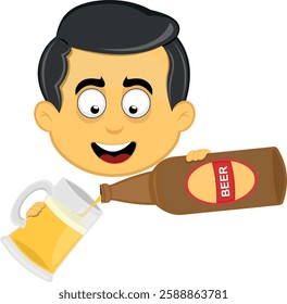 vector illustration yellow emoji character male, with a bottle of beer pouring into a glass