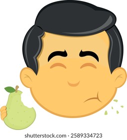 vector illustration yellow emoji character male, eating pear fruit