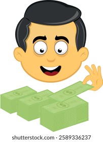 vector illustration yellow emoji character male, counting a pile dollar bills paper