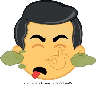 vector illustration yellow emoji character male, hold and covering the nose, with green clouds of ugly and disgusting smell