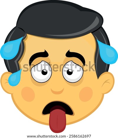 vector illustration yellow emoji character male, exhausted with his tongue out and drops of sweat on his head
