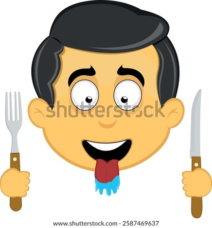 vector illustration yellow emoji character male, with a hungry expression, tongue sticking out with drool saliva, a knife and fork in his hands