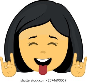 vector illustration yellow emoji face character woman cartoon, making the classic heavy metal gesture with hands and sticking out tongue