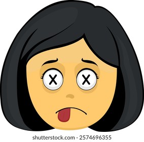 vector illustration yellow emoji face character woman cartoon, with crosses eyes in concept of dead character