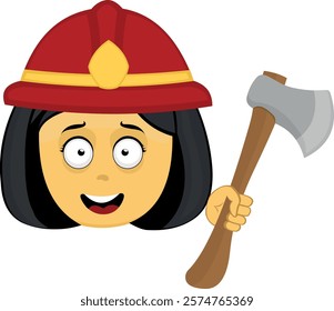 vector illustration yellow emoji face character woman cartoon, with a fireman helmet and axe in hand 