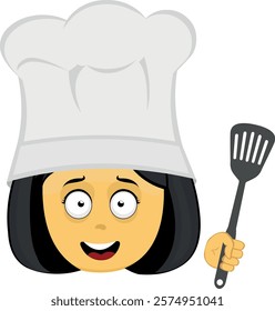 vector illustration yellow emoji face character woman cartoon with a chef hat and spatula