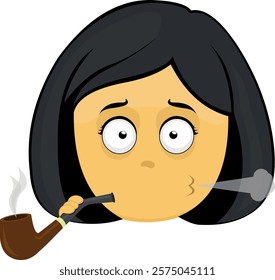 vector illustration yellow emoji face character woman cartoon, smoking and exhaling pipe tobacco smoke