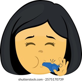 vector illustration yellow emoji face character woman cartoon, with his mouth blowing a whistle