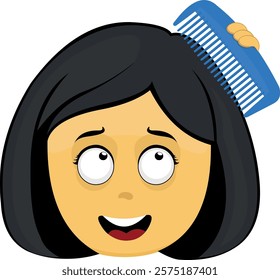 vector illustration yellow emoji face character woman cartoon, combing her hair with a blue comb