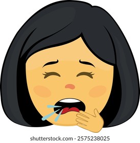 vector illustration yellow emoji face character woman cartoon coughing with your hand in your mouth