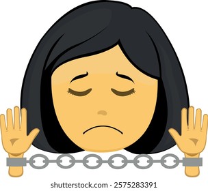 vector illustration yellow emoji face character woman cartoon slave or prisoner handcuffed with chains 