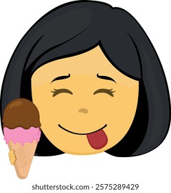 vector illustration yellow emoji face character woman cartoon, with an ice cream  wafer cone in his hand and an yummy expression