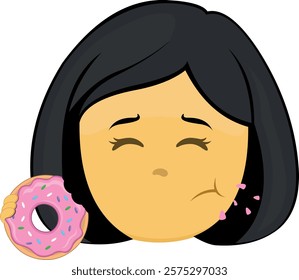 vector illustration yellow emoji face character woman cartoon eating raspberry snack donut