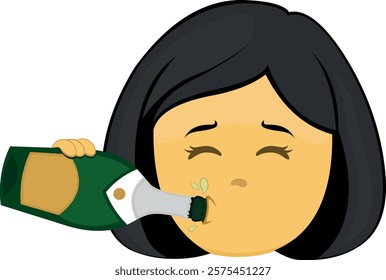 vector illustration yellow emoji face character woman cartoon, drinking champagne or cider from the bottle