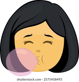 vector illustration yellow emoji face character woman cartoon, chewing and making bubblegum balloon candy