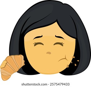 vector illustration yellow emoji face character woman cartoon eating bakery food croissant