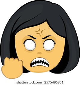 vector illustration yellow emoji face character woman cartoon, fury expression with a vein in his head and sharp teeth