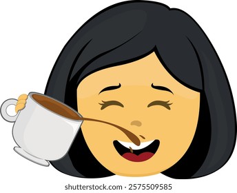 vector illustration yellow emoji face character woman cartoon, drinking a cup of coffee