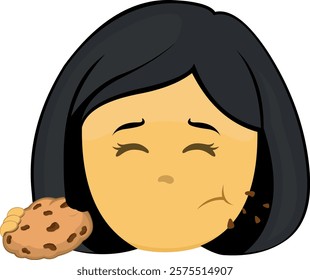 vector illustration yellow emoji face character woman cartoon eating food bakery cookie chocolate chips