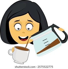 vector illustration yellow emoji face character woman cartoon, with a coffeemaker or coffee jug pouring into a cup