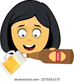 vector illustration yellow emoji face character woman cartoon, with a bottle of beer pouring into a glass