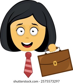 vector illustration yellow emoji face character woman cartoon, with a neck tie and office briefcase, as an employee or worker