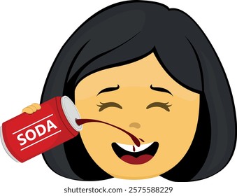 vector illustration yellow emoji face character woman cartoon, drinking a can of soda cola