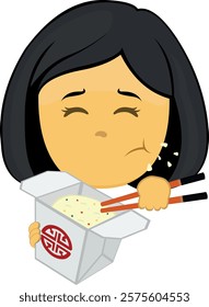 vector illustration yellow emoji face character woman cartoon, eating chinese food in a cardboard box of rice with chopsticks