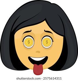 vector illustration yellow emoji face character woman cartoon, with an ambitious expression, coins in his eyes and his tongue sticking out