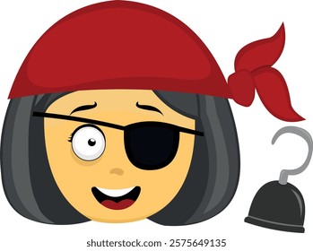 vector illustration yellow emoji face character woman cartoon, with a headscarf, hook prosthesis hand, an eye patch and a pirate