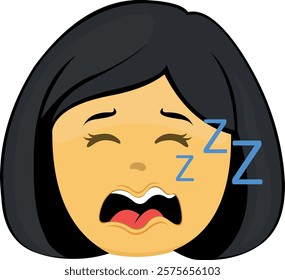 vector illustration yellow emoji face character woman cartoon, snoring with mouth open and text zzz