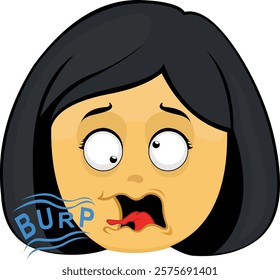 vector illustration yellow emoji face character woman cartoon, mouth burping with the text burp