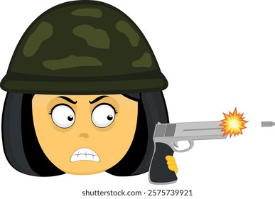 vector illustration yellow emoji face character woman cartoon with a camouflaged war soldier helmet and firing a gun