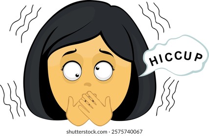 vector illustration yellow emoji face character woman cartoon, having hiccups symptom and a speech bubble with hiccup text