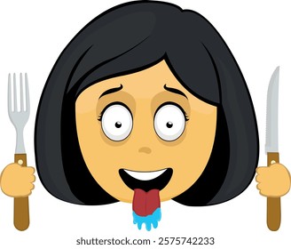 vector illustration yellow emoji face character woman cartoon, with a hungry expression, tongue sticking out with drool saliva, a knife and fork in his hands