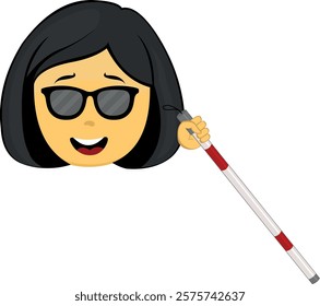 vector illustration yellow emoji face character woman cartoon, blind man with a cane in his hand and sunglasses