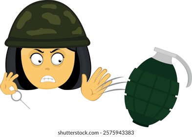 vector illustration yellow emoji face character woman cartoon, throwing a grenade with a soldier and war helmet