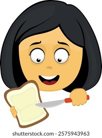 vector illustration yellow emoji face character woman cartoon, spreading butter on a slice of bread with a spreader