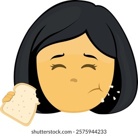 vector illustration yellow emoji face character woman cartoon, eating a slice of bread