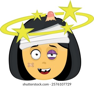 vector illustration yellow emoji face character woman cartoon, hurt with a black eye and seeing stars