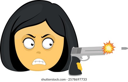 vector illustration yellow emoji face character woman cartoon, shooting a weapon firearm gun