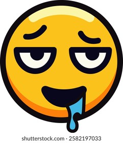 A vector illustration of a yellow emoji face with a relaxed expression and drool. Features half-closed eyes, tilted eyebrows, and a curved mouth in a cartoon style.